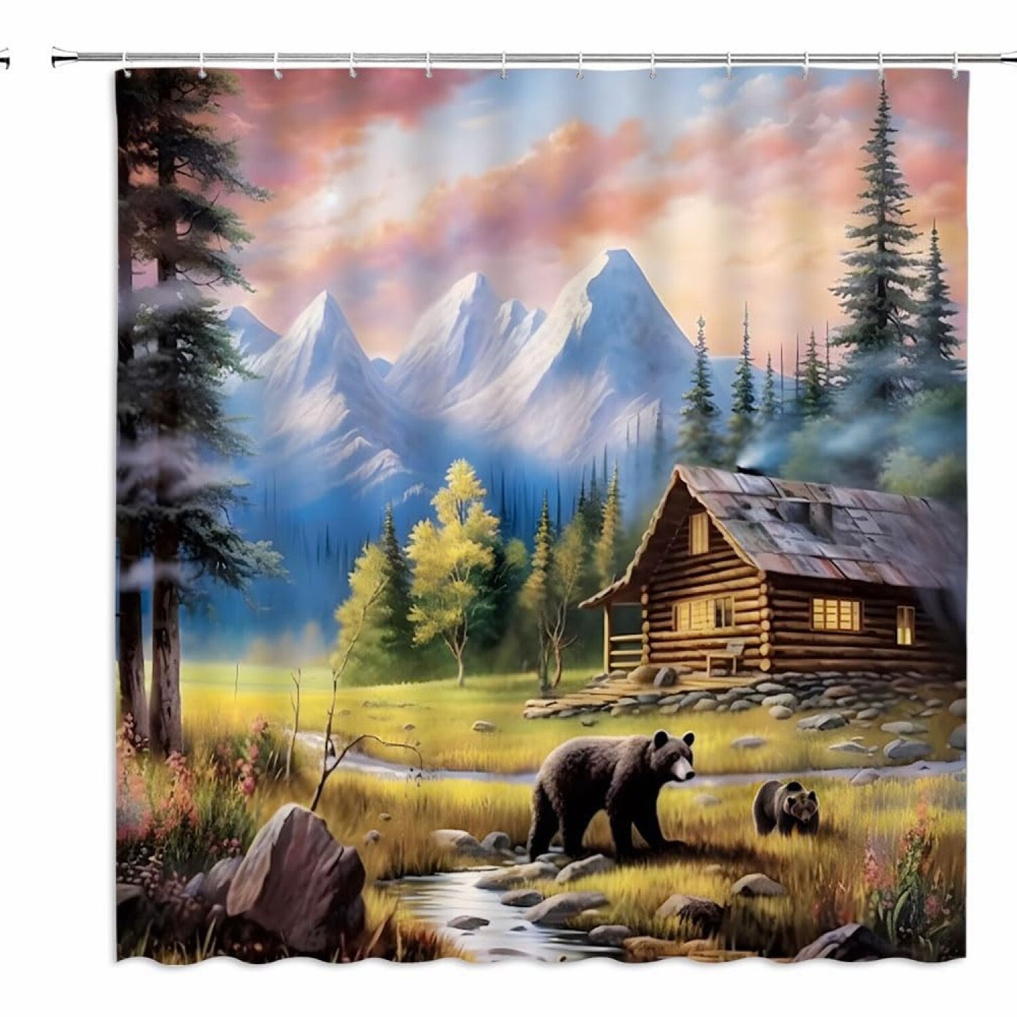 Rustic Cabin Bear Shower Curtain 70x70 Inch