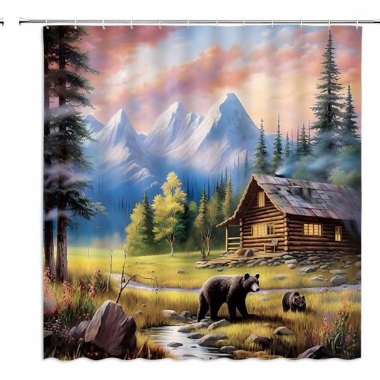 Rustic Cabin Bear Shower Curtain 70x70 Inch