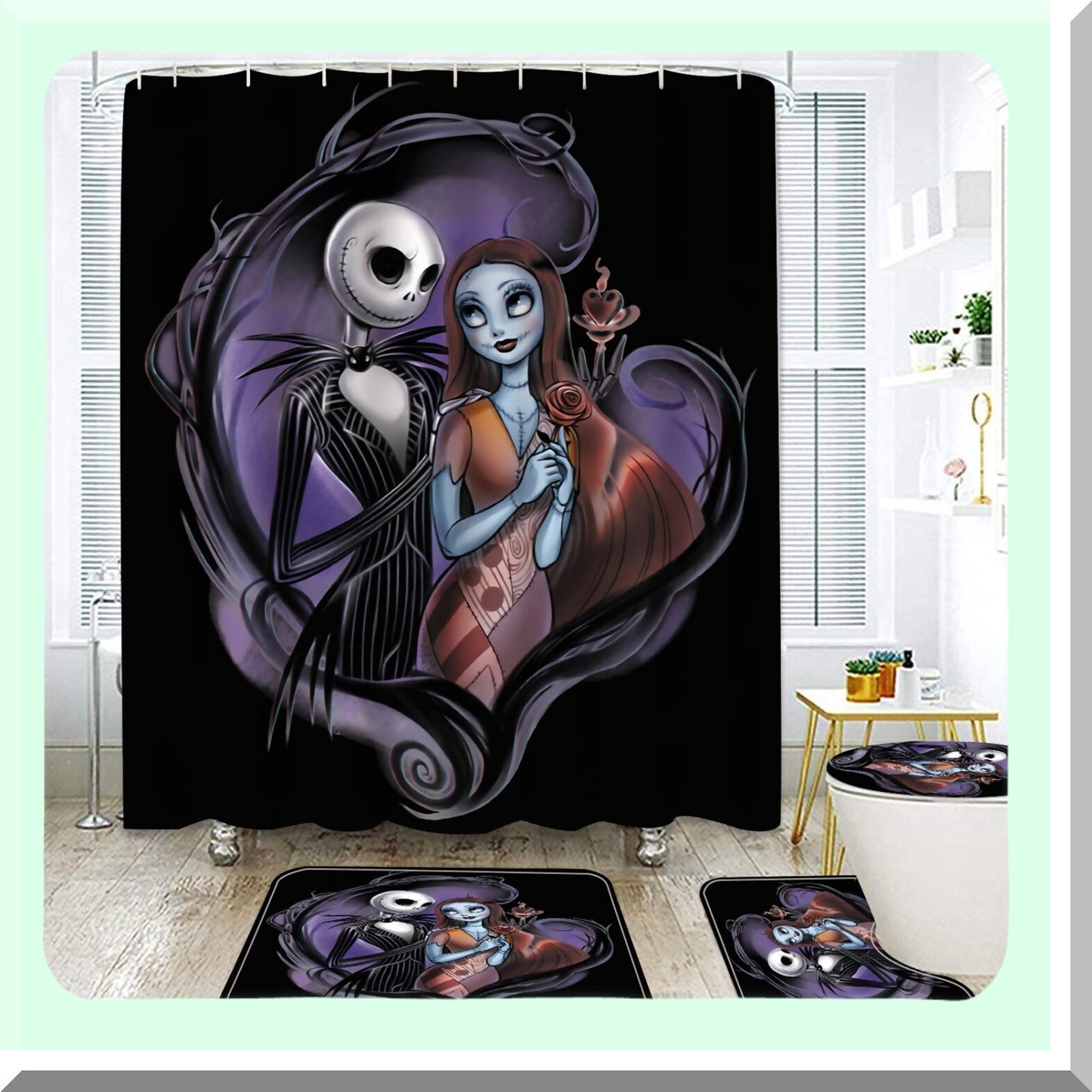 Bathroom Shower Curtain Set with Rugs and Hooks