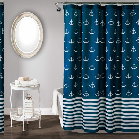 Beach-Themed Navy Blue Anchor Shower Curtain 72x72