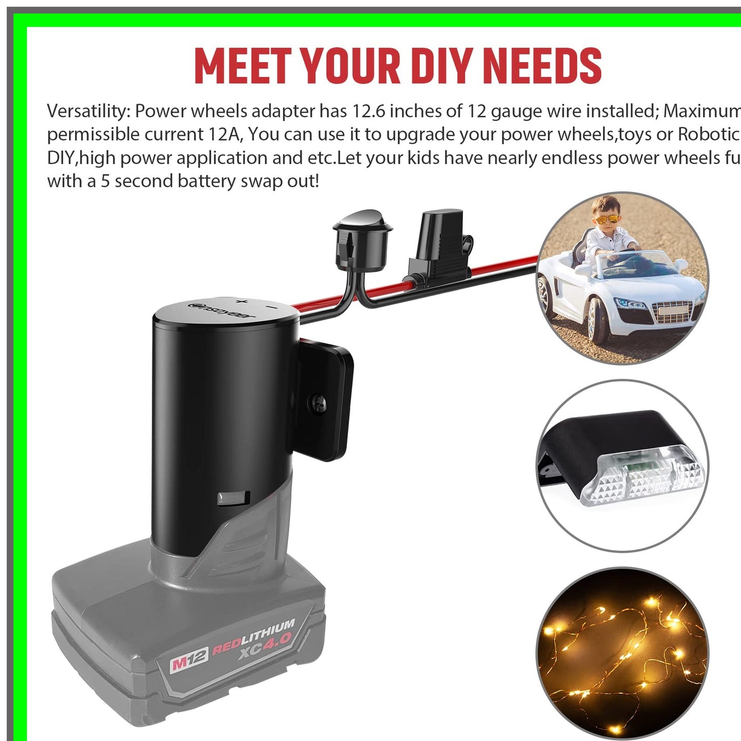 Milwaukee 12V Power Wheel Adapter with Fuse for DIY Projects and RC Toys