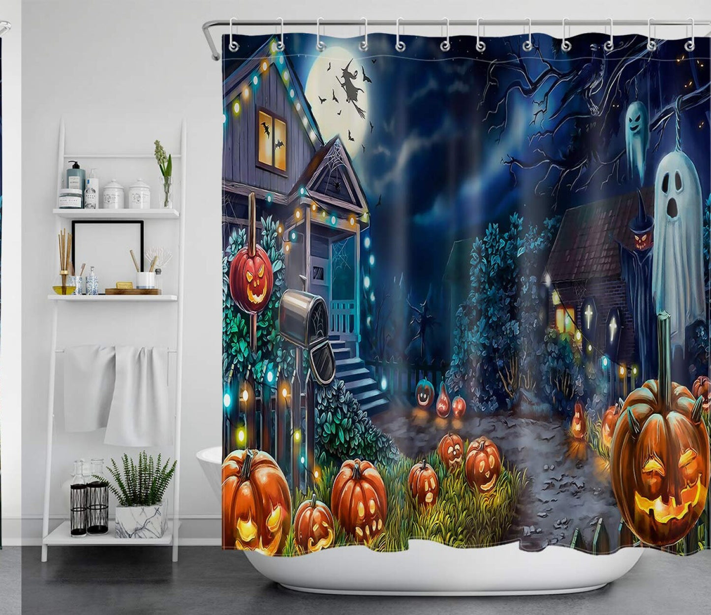 Blue Gothic Castle Pumpkin Shower Curtain 72x72 Inch Polyester