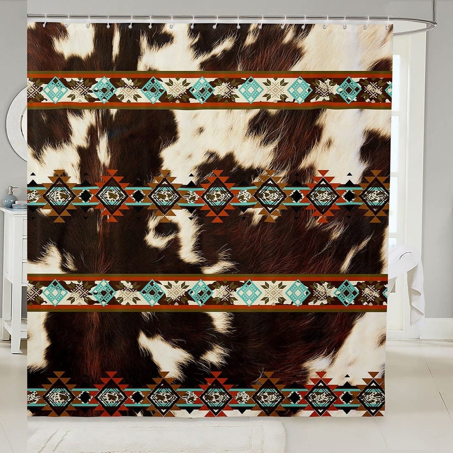 Cowhide Shower Curtain Set Brown Highland Cow Print 72" x 84"