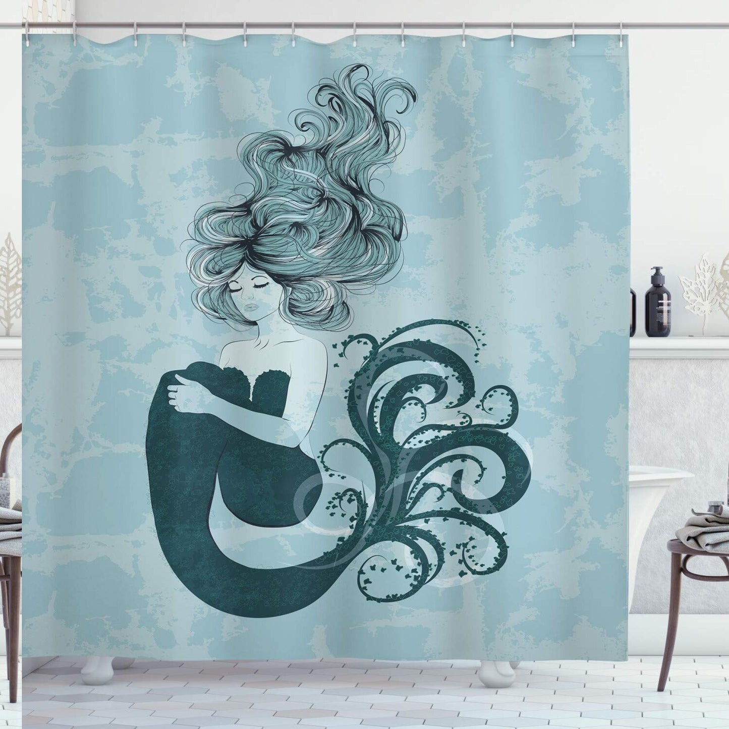 Mermaid Shower Curtain Pale Blue Dark Teal 69" x 75"