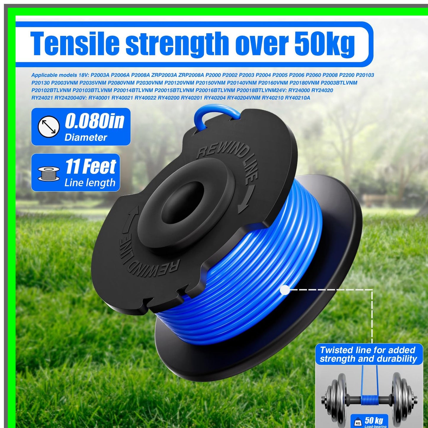 Ryobi Compatible 0.065 Inch String Trimmer Spool Line with Caps - 8 Pack