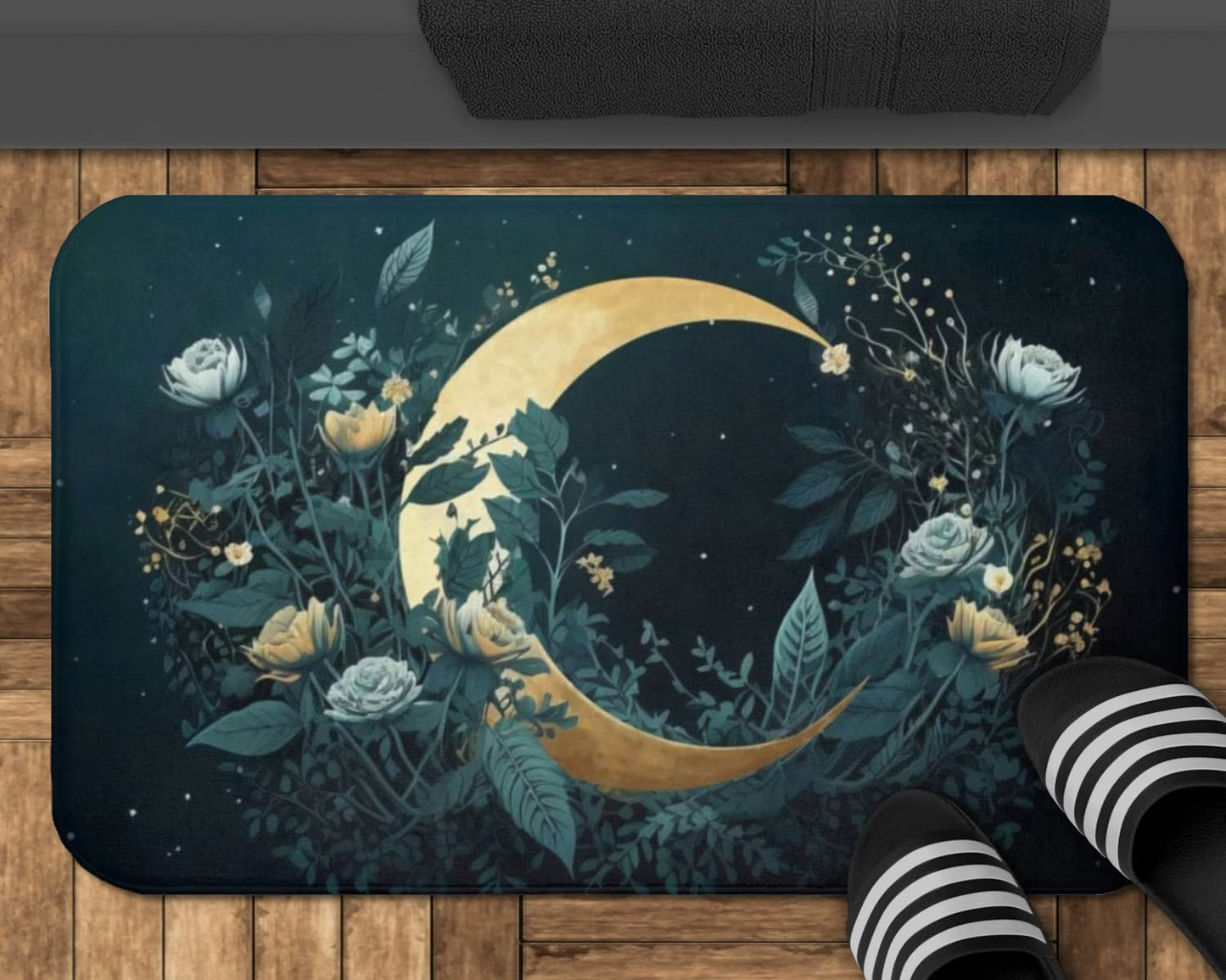 Moon y Goth Boho Floral Leaf Bath Mat 16x24 Inches