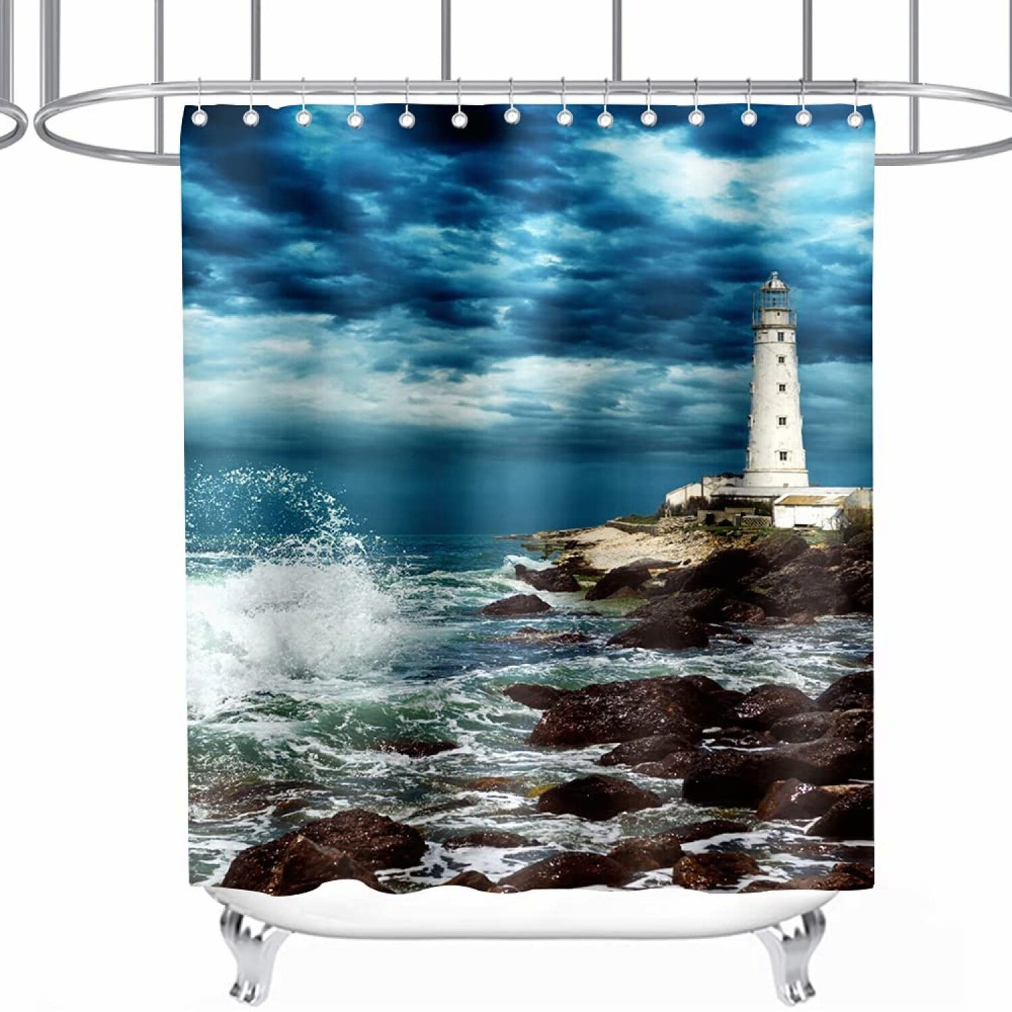 Ocean Lighthouse Kids Shower Curtain 72x72 Inches Blue White Brown
