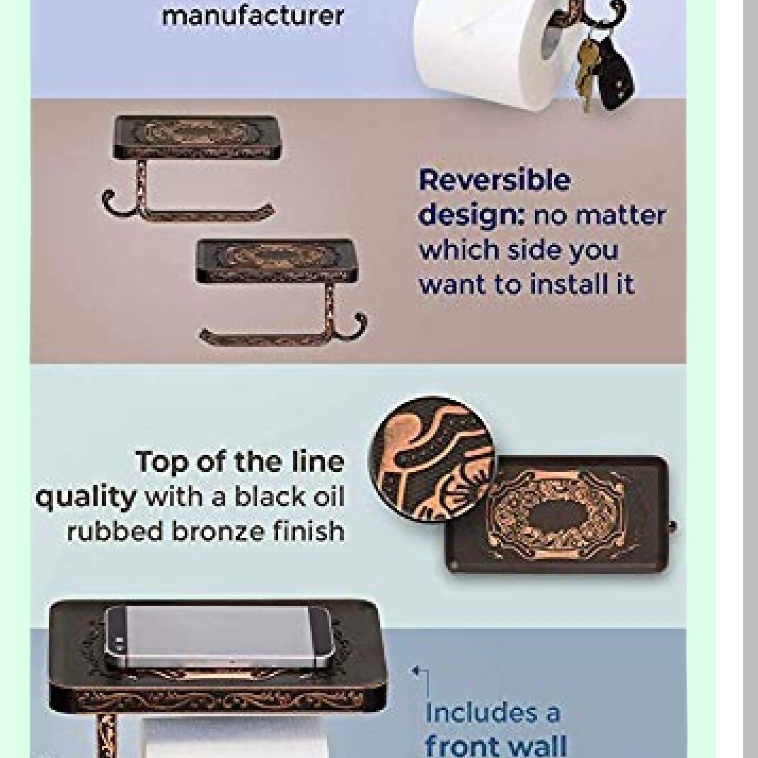 Tet Paper Holder with Phone Shelf and Hook, Bronze