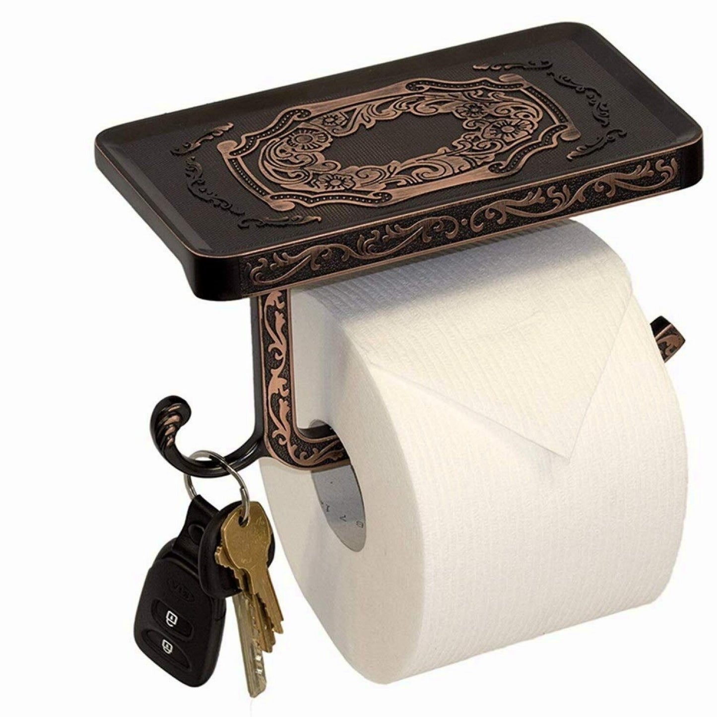 Tet Paper Holder with Phone Shelf and Hook, Bronze