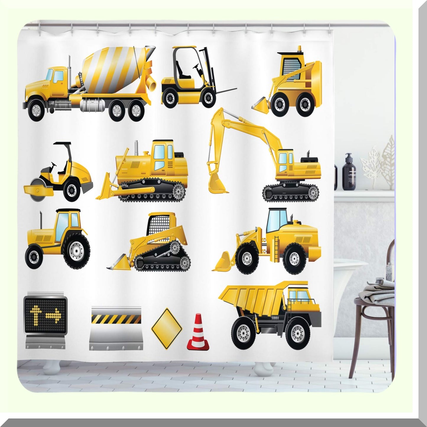 Cartoon Shower Curtain Yellow Construction Site 69x75