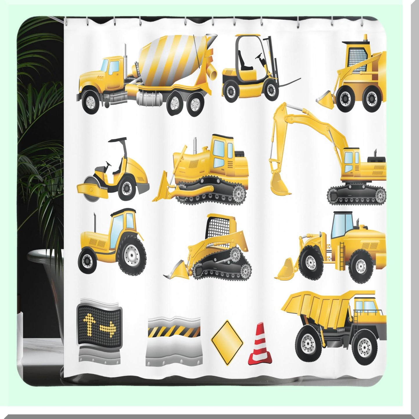 Cartoon Shower Curtain Yellow Construction Site 69x75