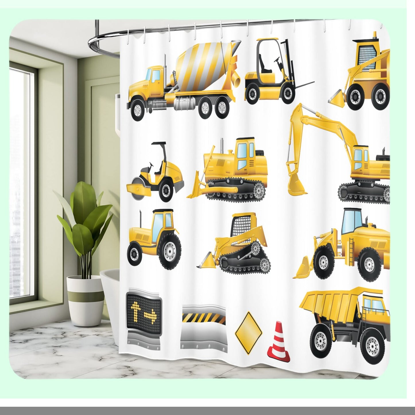 Cartoon Shower Curtain Yellow Construction Site 69x75