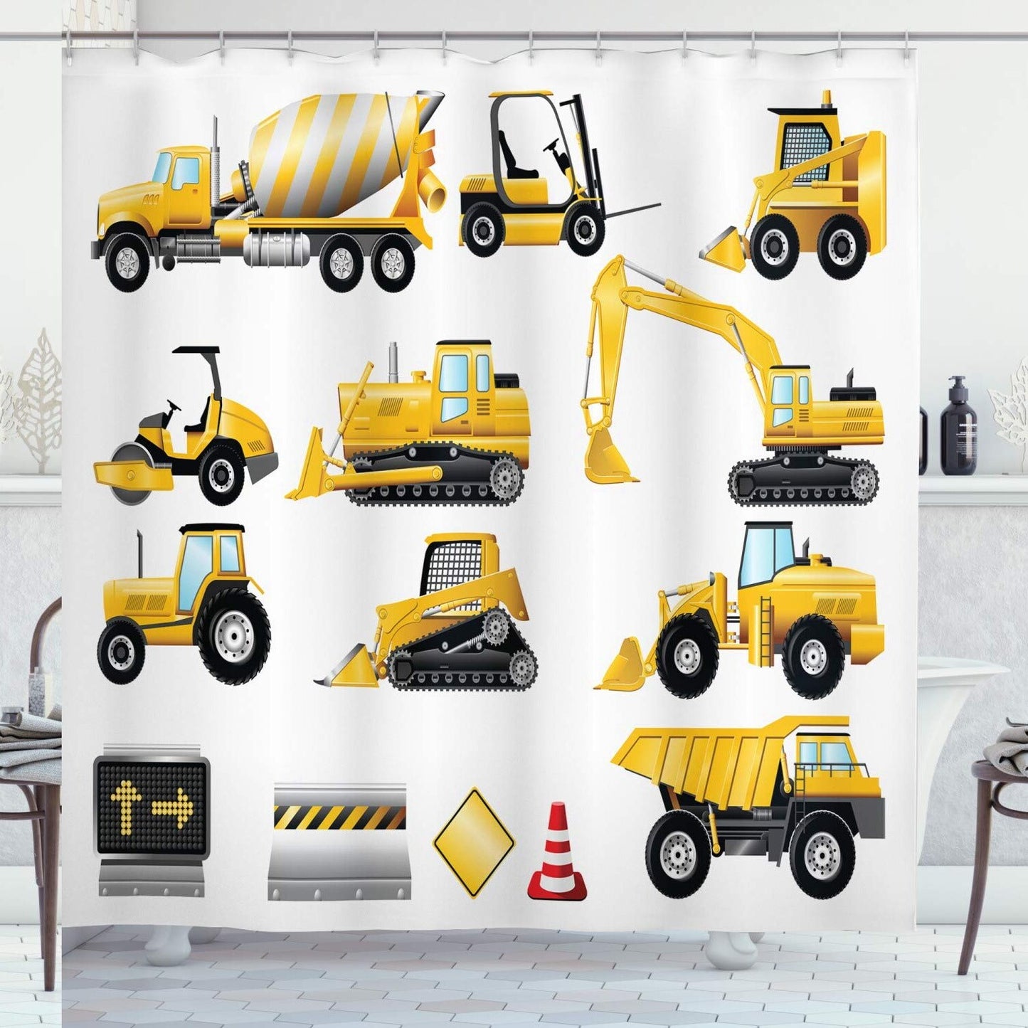Cartoon Shower Curtain Yellow Construction Site 69x75