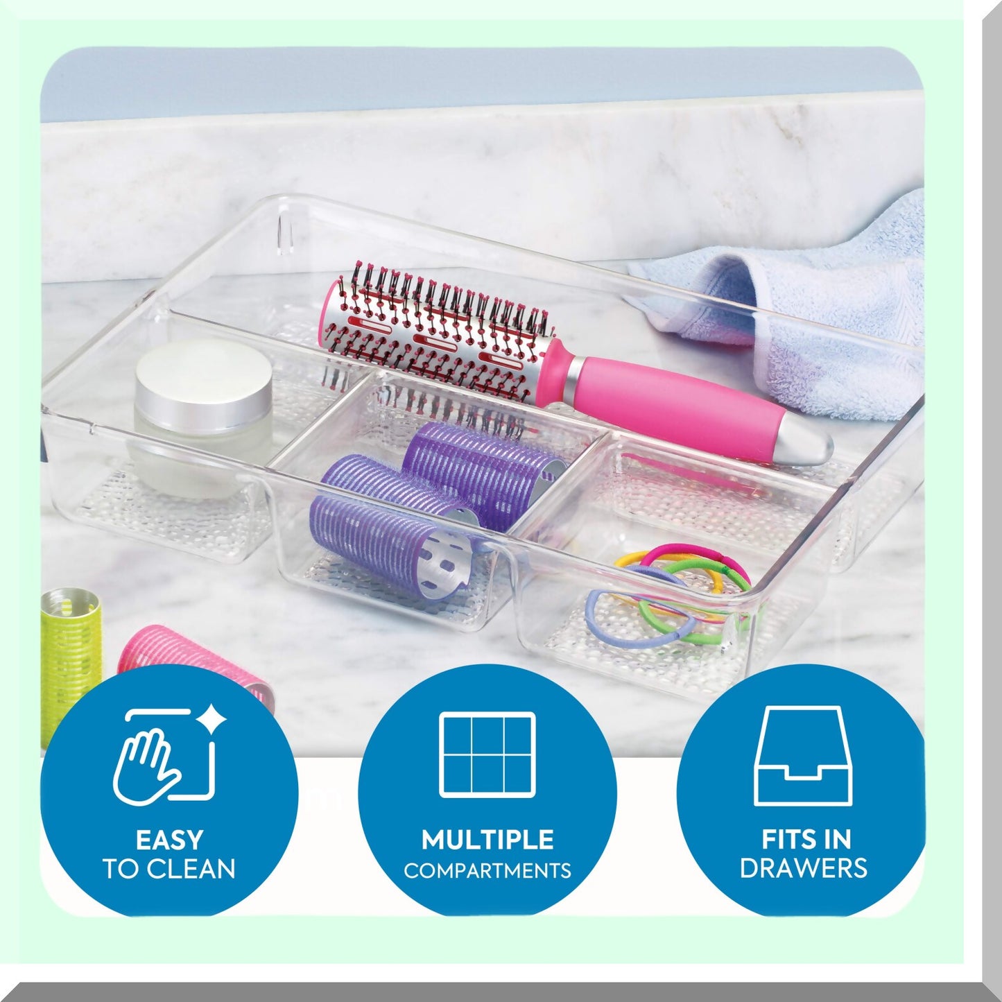 Rain Divided Cosmetic Drawer Organizer Tray 13" x 9" x 2.25" Clear