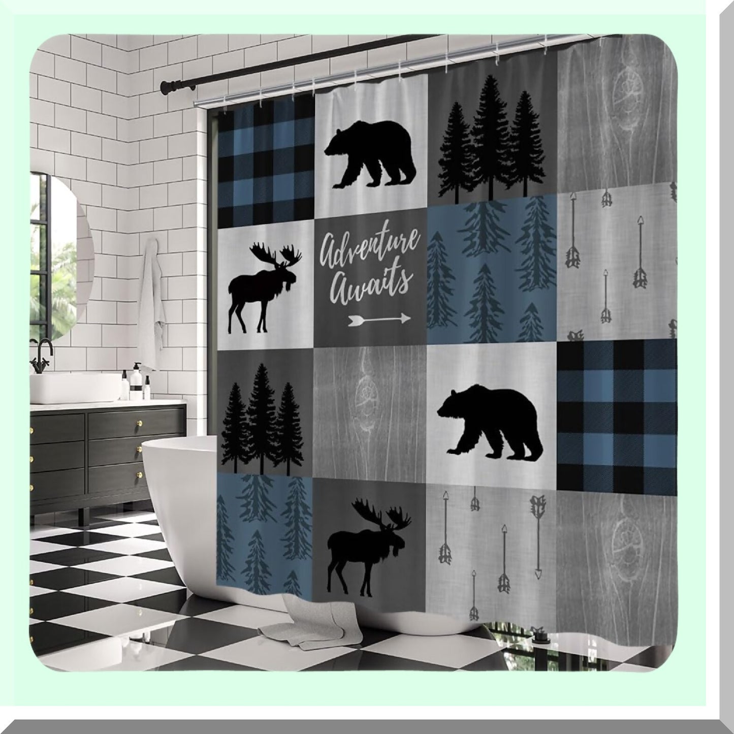 Rustic Cabin Shower Curtain 70x70 Blue Black Plaid