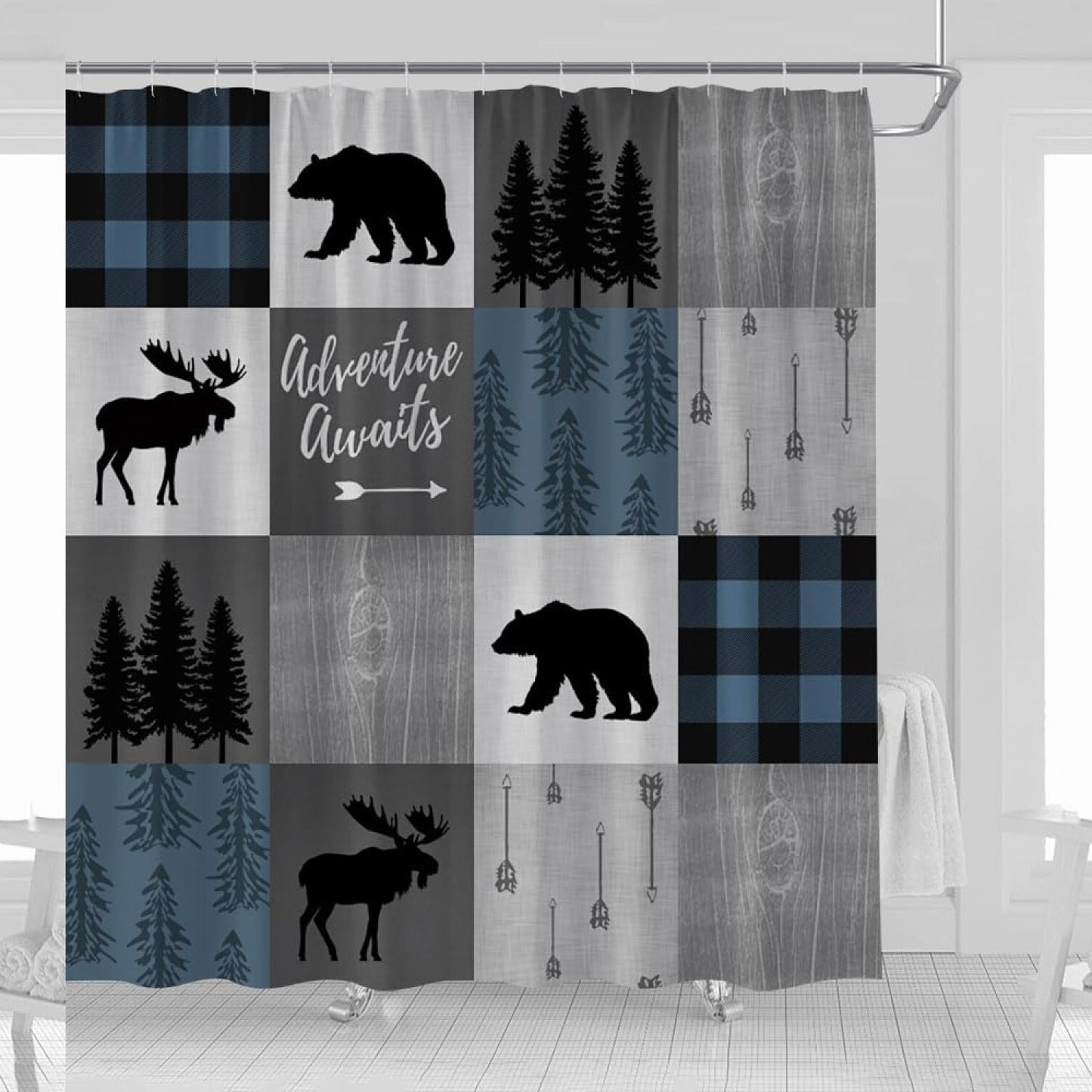 Rustic Cabin Shower Curtain 70x70 Blue Black Plaid
