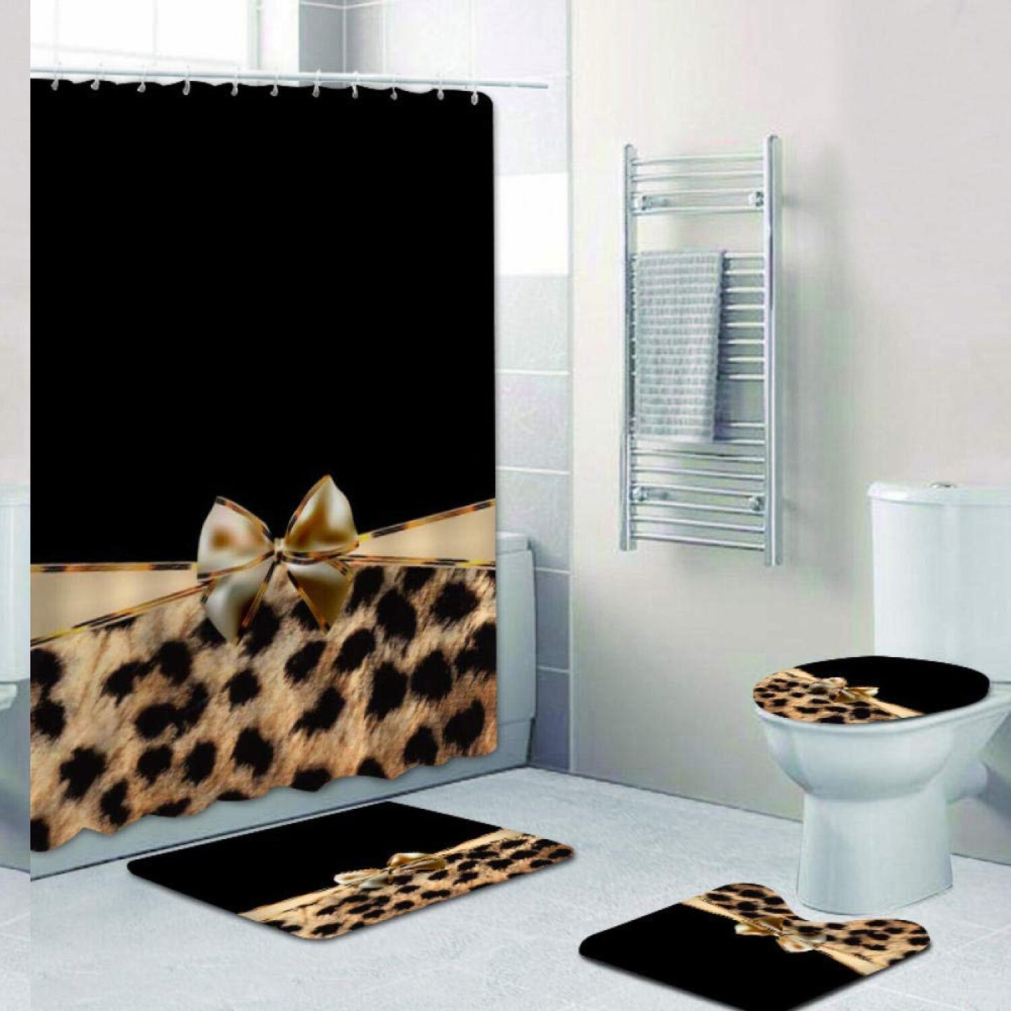 4-Piece Black Stripe Ribbon Leopard Shower Curtain Set
