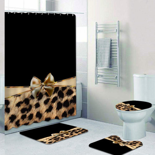 4-Piece Black Stripe Ribbon Leopard Shower Curtain Set