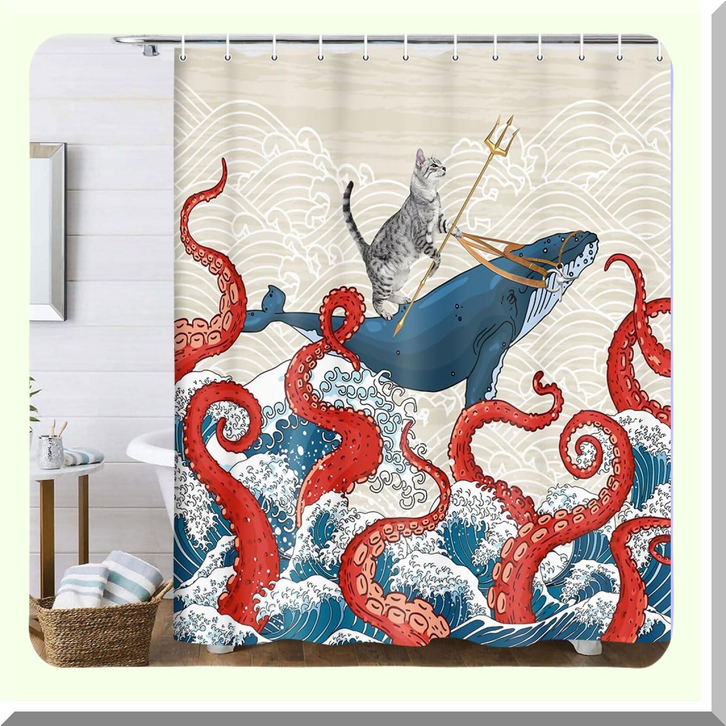Funny Cat Whale Shower Curtain 69W x 70L Inch