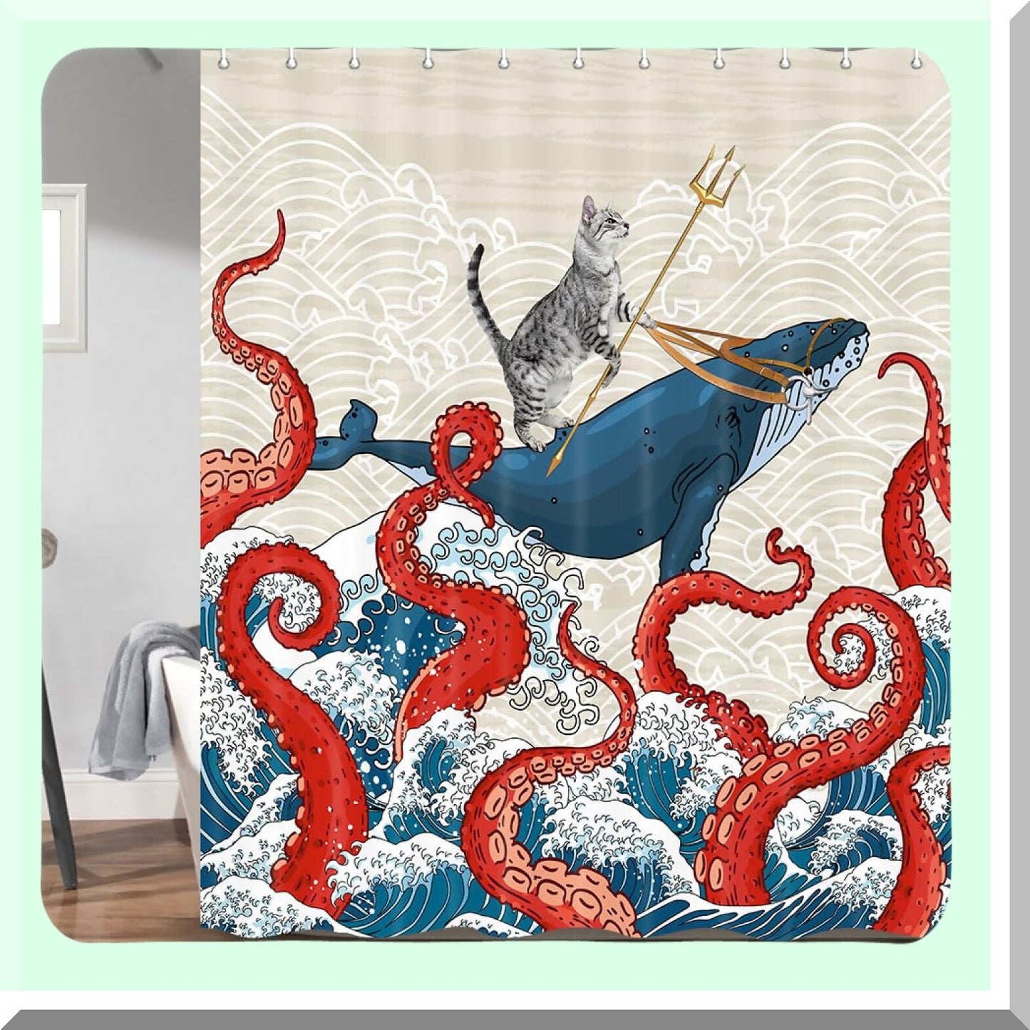 Funny Cat Whale Shower Curtain 69W x 70L Inch