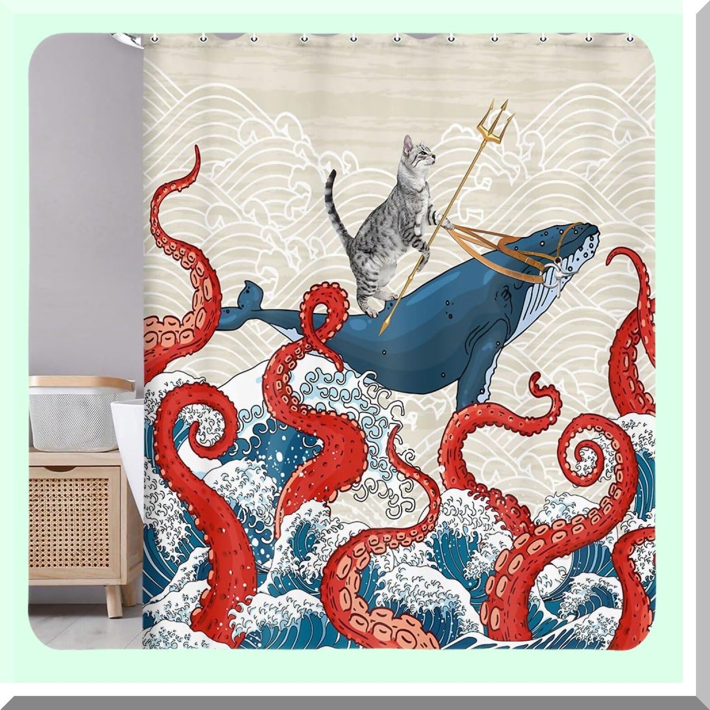 Funny Cat Whale Shower Curtain 69W x 70L Inch