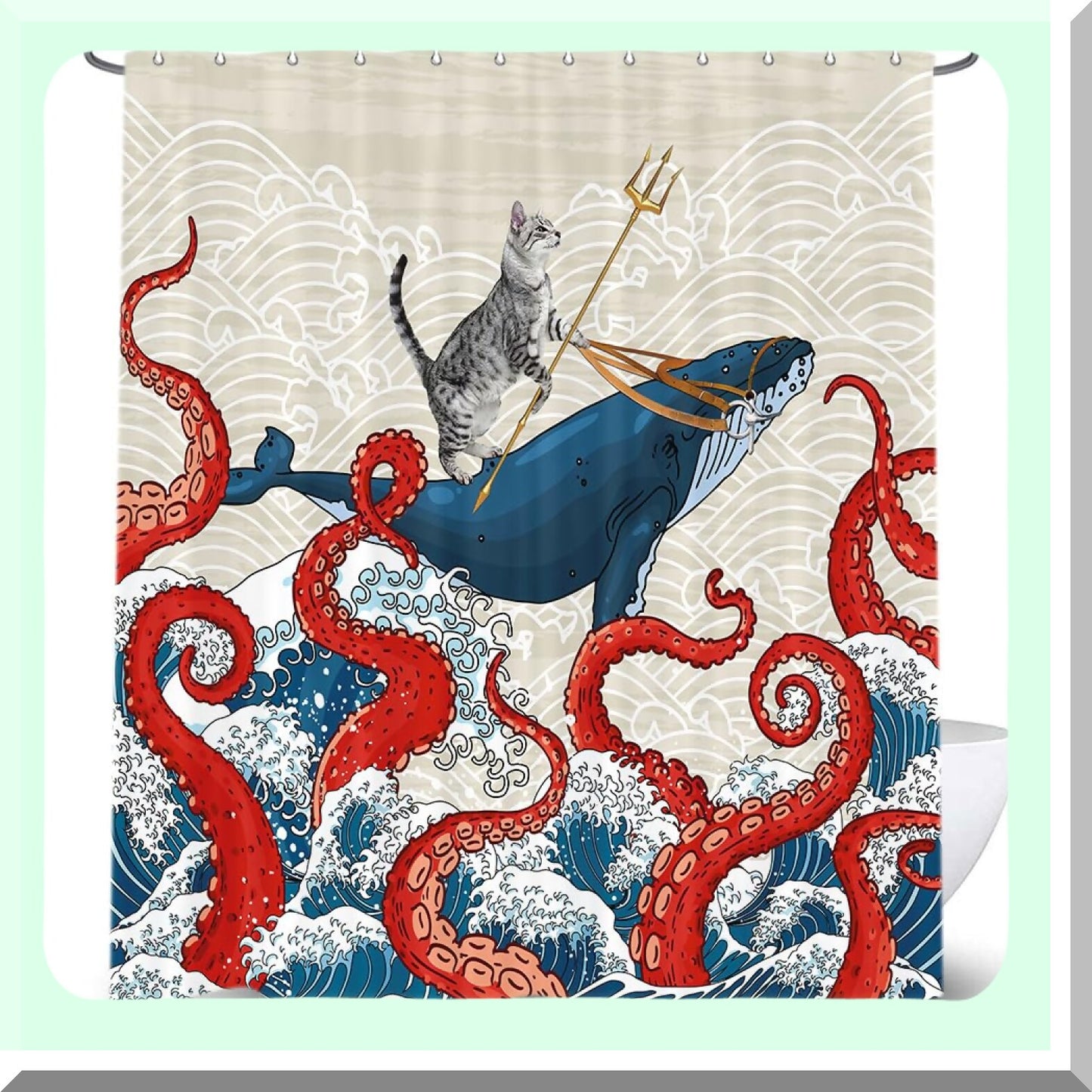 Funny Cat Whale Shower Curtain 69W x 70L Inch