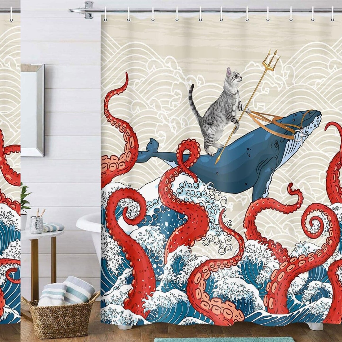 Funny Cat Whale Shower Curtain 69W x 70L Inch