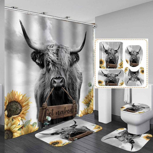 4PCS Highland Cow Shower Curtain Set with Bath Mats