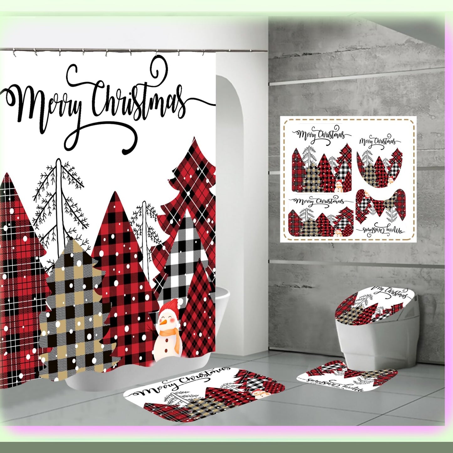 Shower Curtain Set with Rugs, Xmas Tree, Snowflake