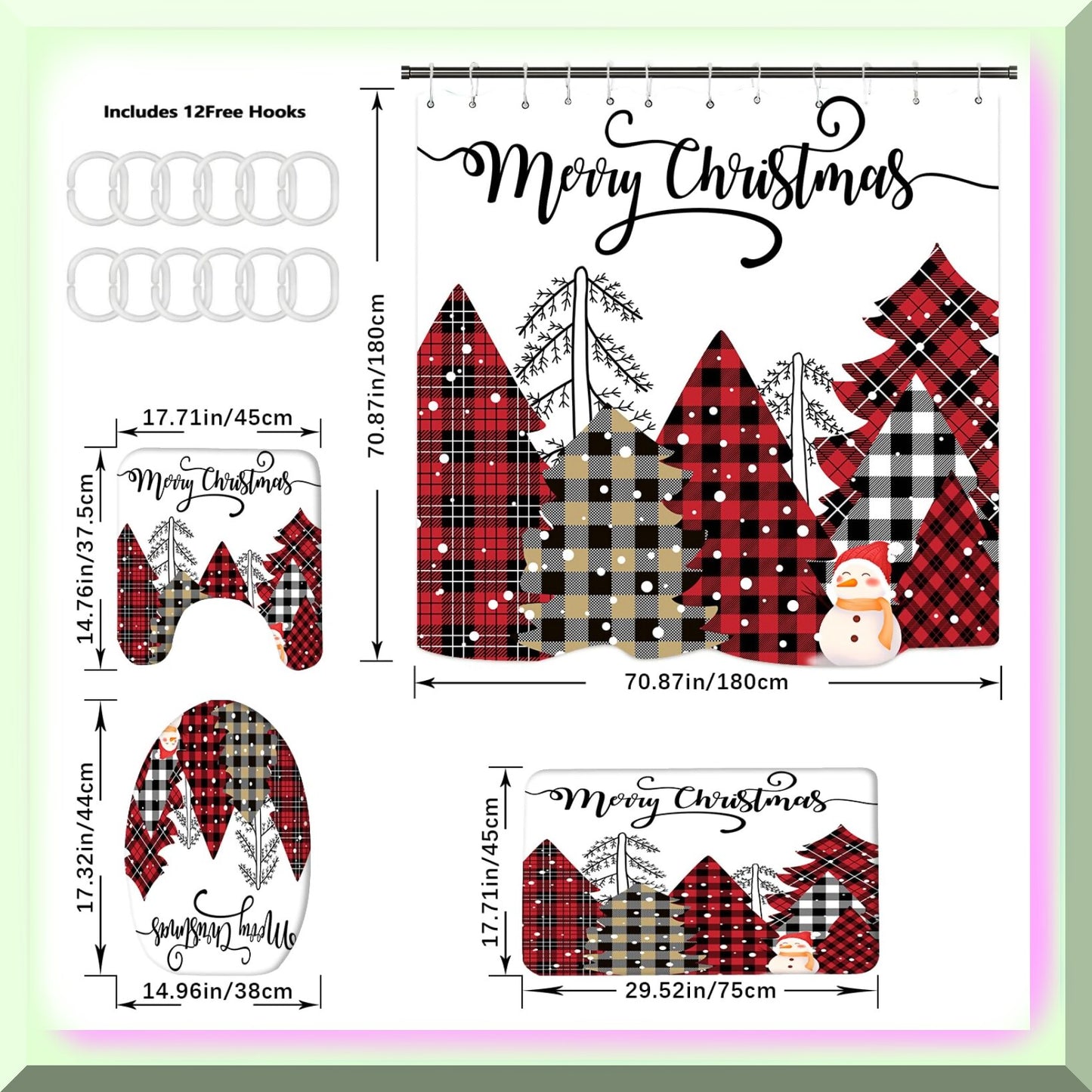 Shower Curtain Set with Rugs, Xmas Tree, Snowflake