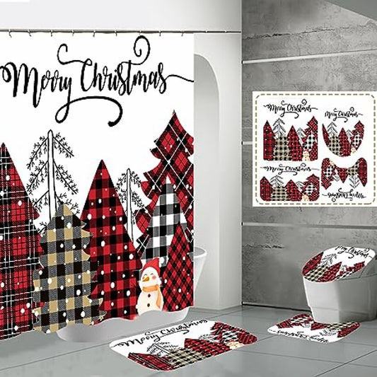 Shower Curtain Set with Rugs, Xmas Tree, Snowflake