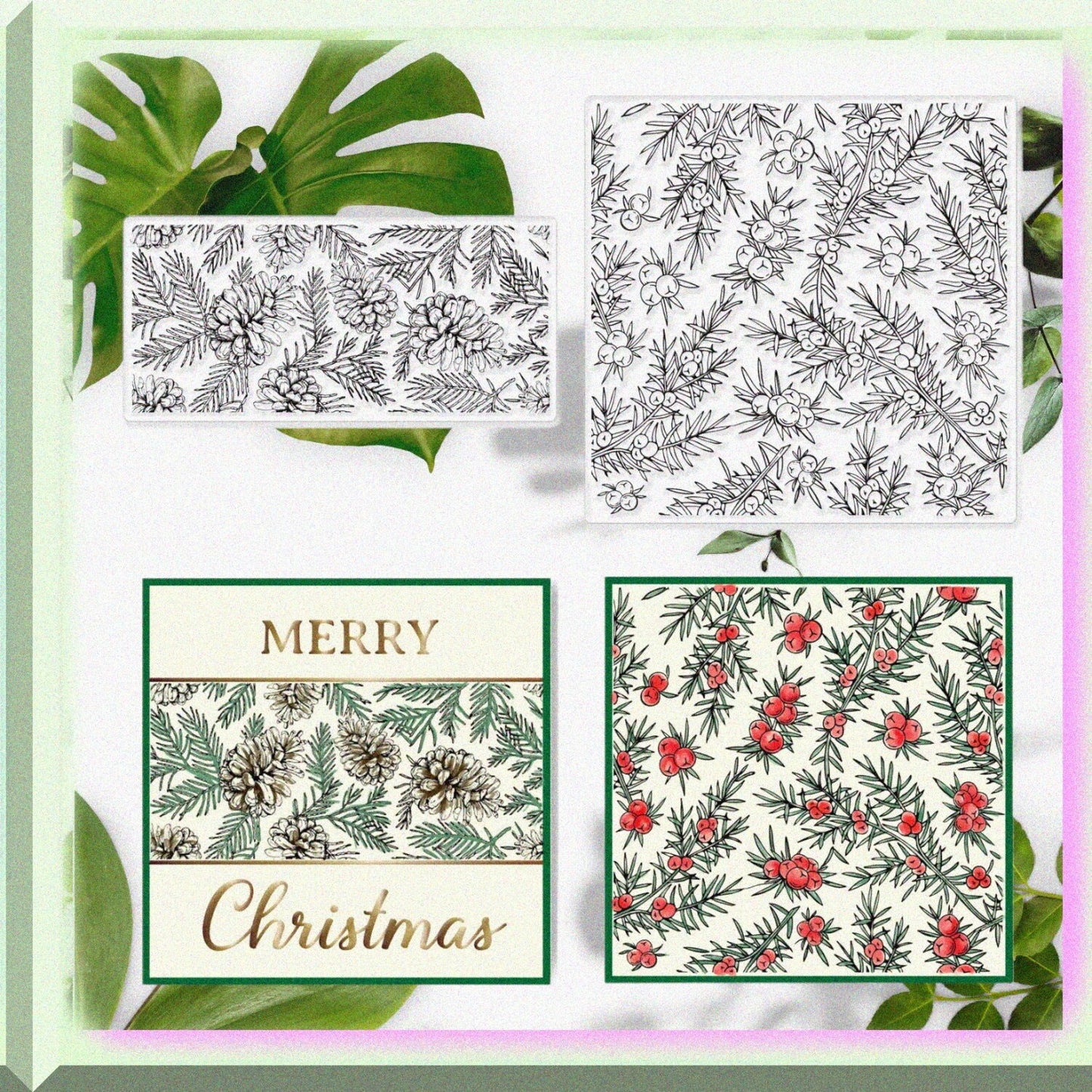 Clear Holly Berry Leaves Pine Cones Silicone Stamps Set