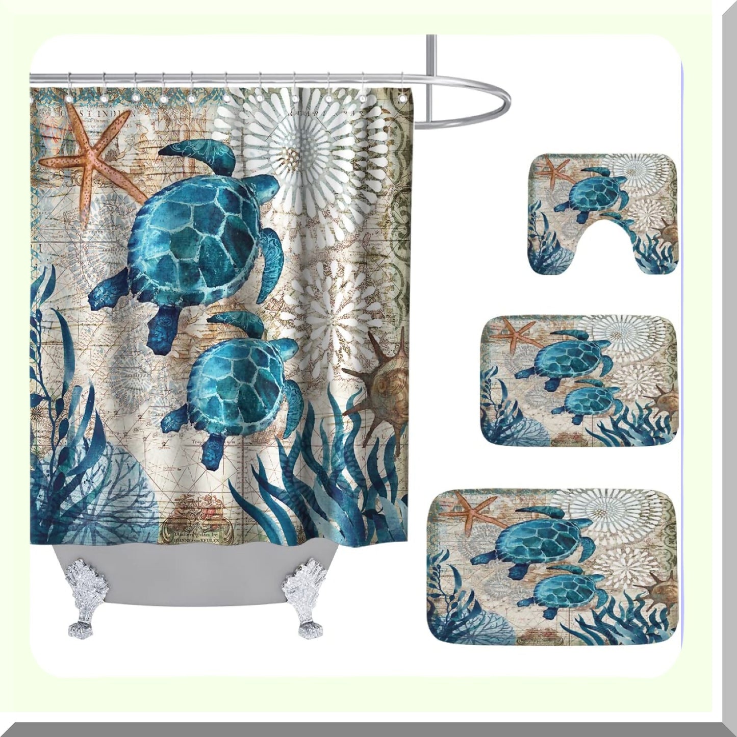 Sea Turtles Nautical Bathroom Set with Shower Curtain and Rugs