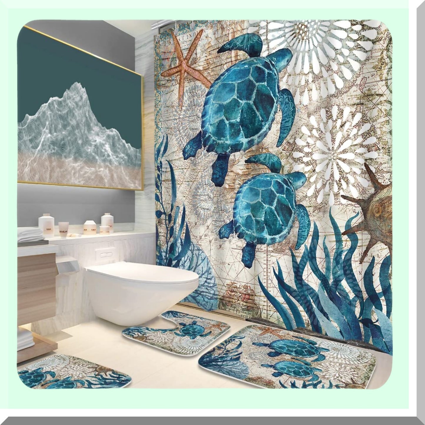 Sea Turtles Nautical Bathroom Set with Shower Curtain and Rugs