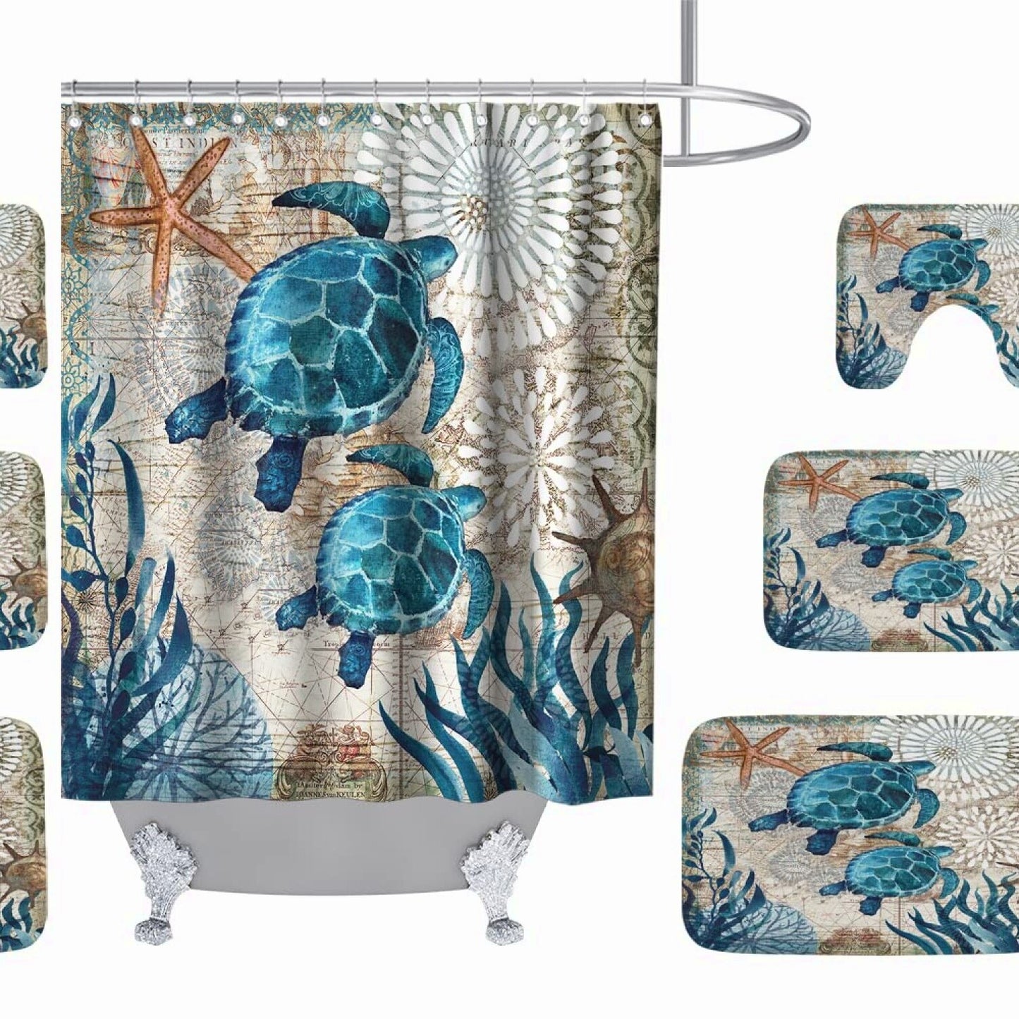 Sea Turtles Nautical Bathroom Set with Shower Curtain and Rugs