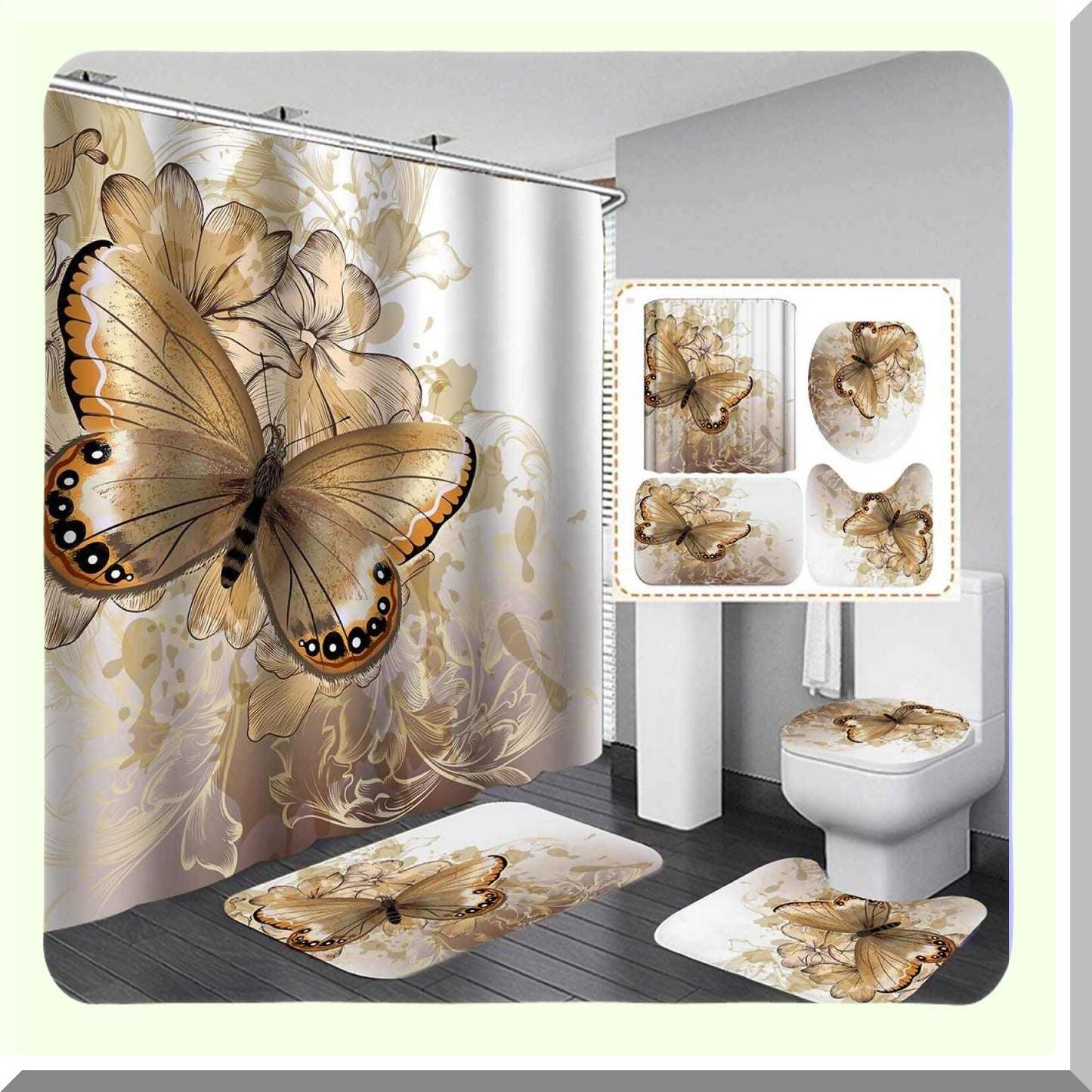 4PCS Yellow Butterfly Shower Curtain Set 72"x72"