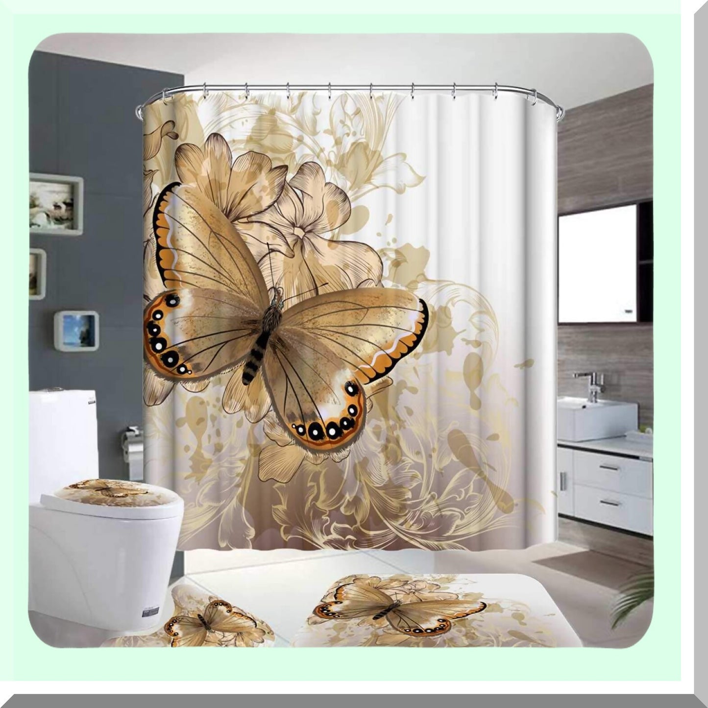 4PCS Yellow Butterfly Shower Curtain Set 72"x72"
