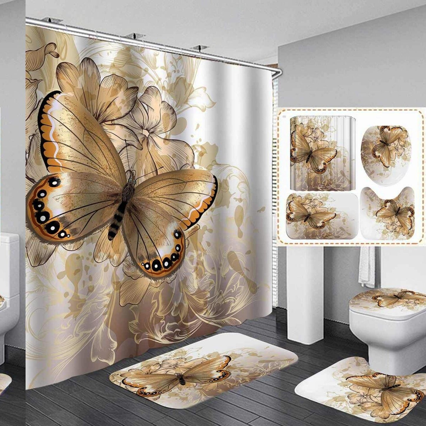 4PCS Yellow Butterfly Shower Curtain Set 72"x72"