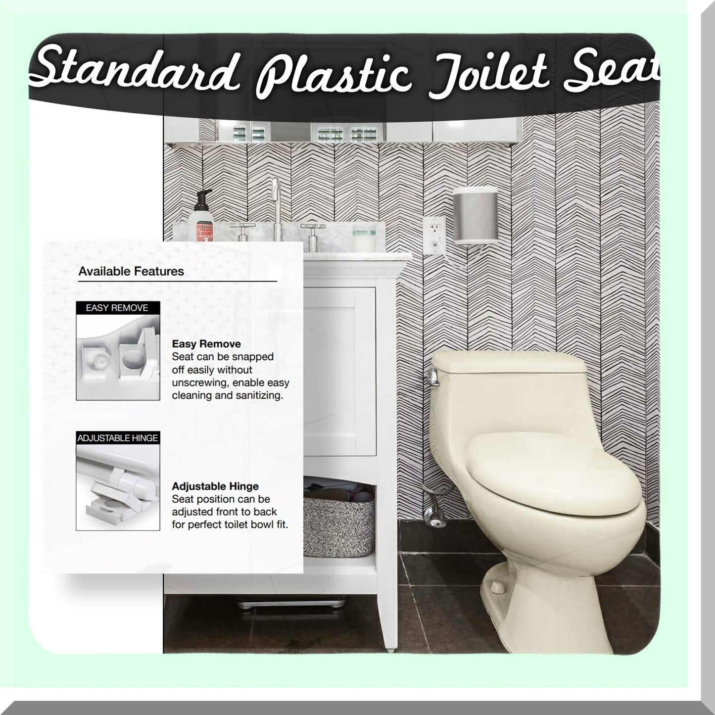 Elongated Plastic Toilet Seat with Adjustable Hinge