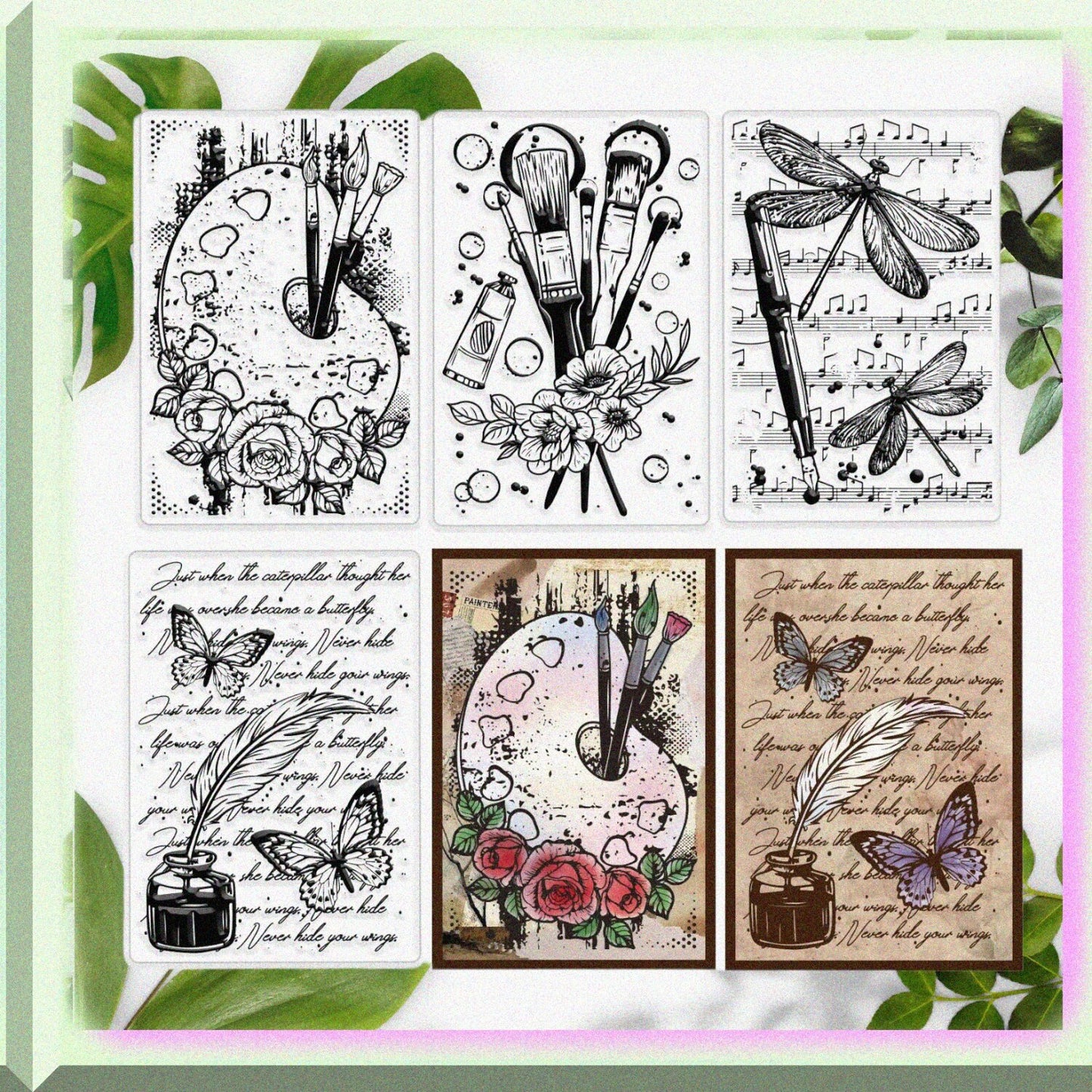 Vintage Butterfly Dragonfly Rubber Stamp 6.3 x 4.3 inches