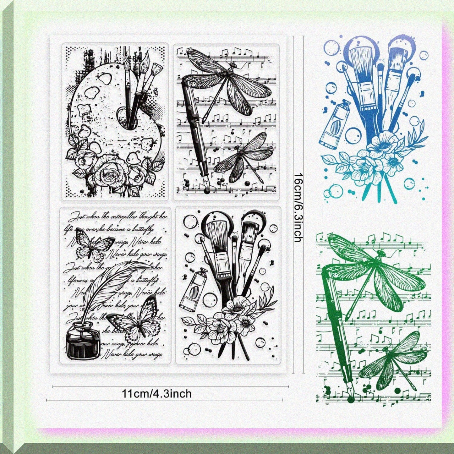Vintage Butterfly Dragonfly Rubber Stamp 6.3 x 4.3 inches