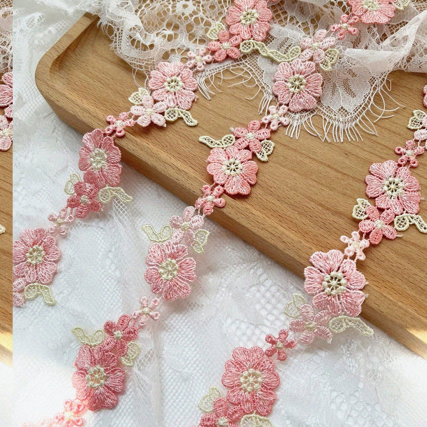 Pink Flower Lace Trim Ribbon 0.9" x 2yds
