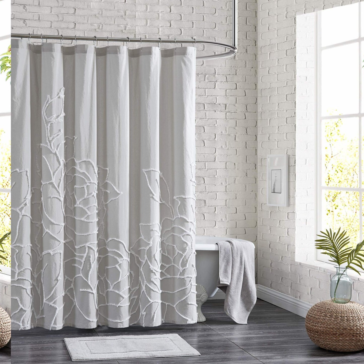 Cotton Shower Curtain 72x72 Inches Grey Chenille Rose