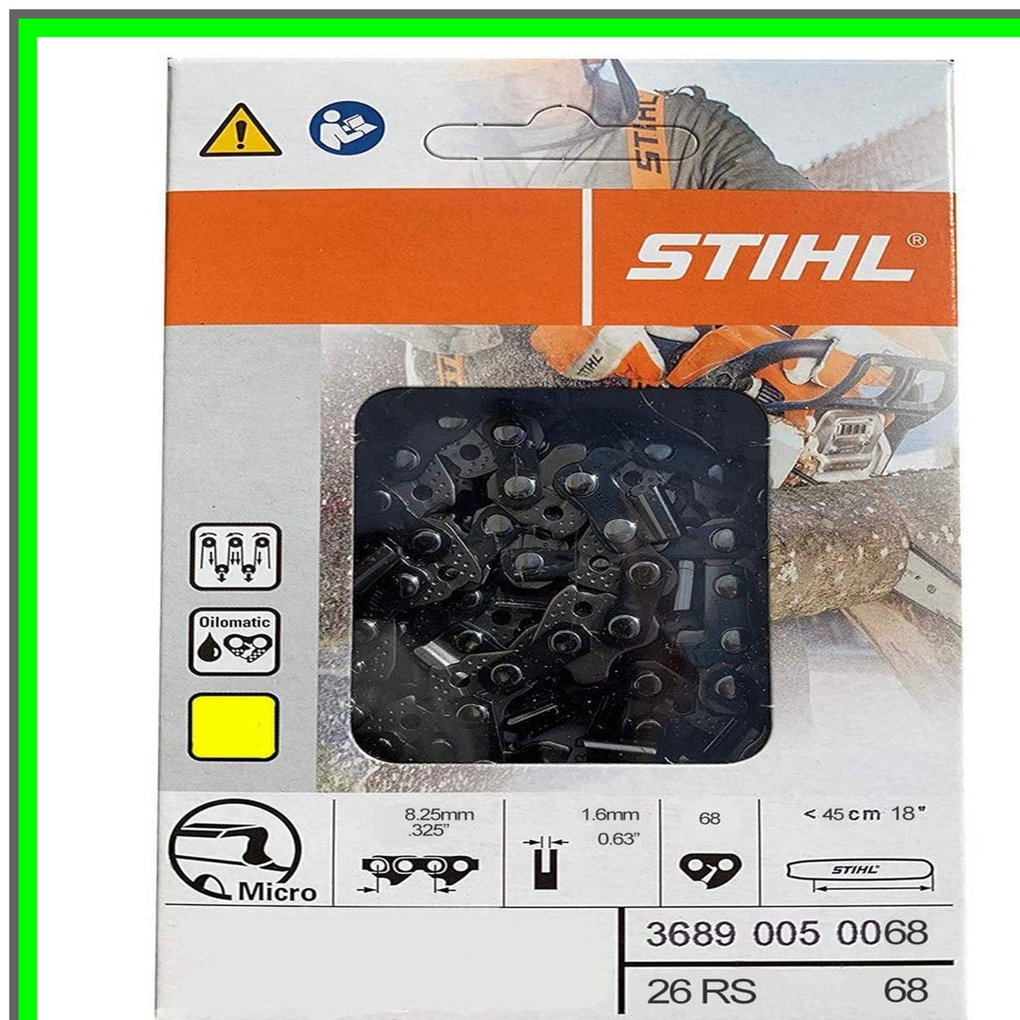 18 Inch Chainsaw Chain 26RS68 with 68 Drive Links 325 Pitch 063 Gauge