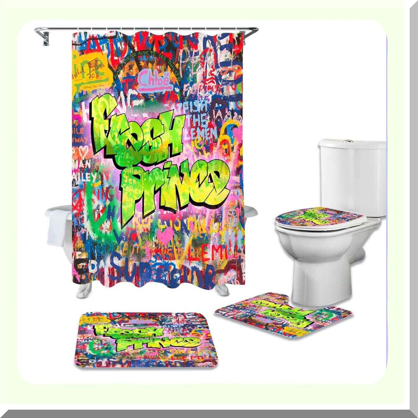 Colorful Graffiti Bathroom Set with Shower Curtain and Rug
