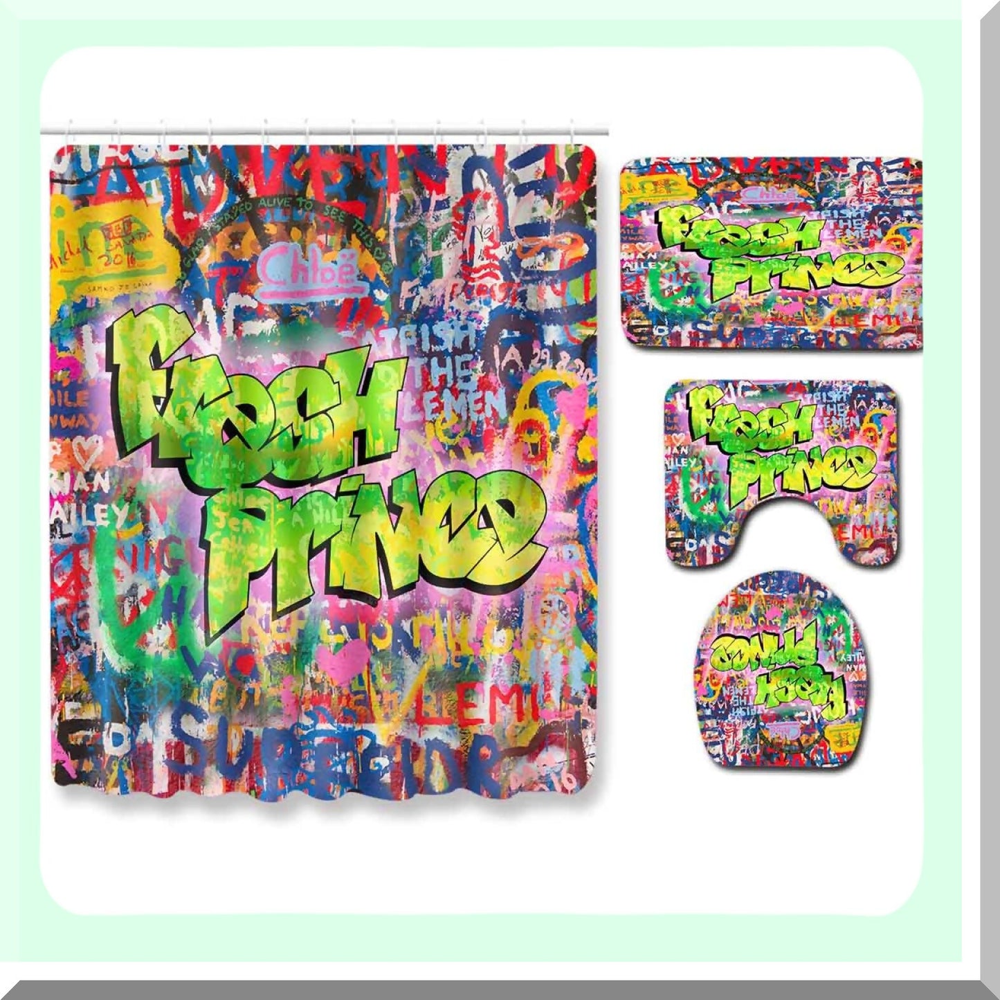 Colorful Graffiti Bathroom Set with Shower Curtain and Rug