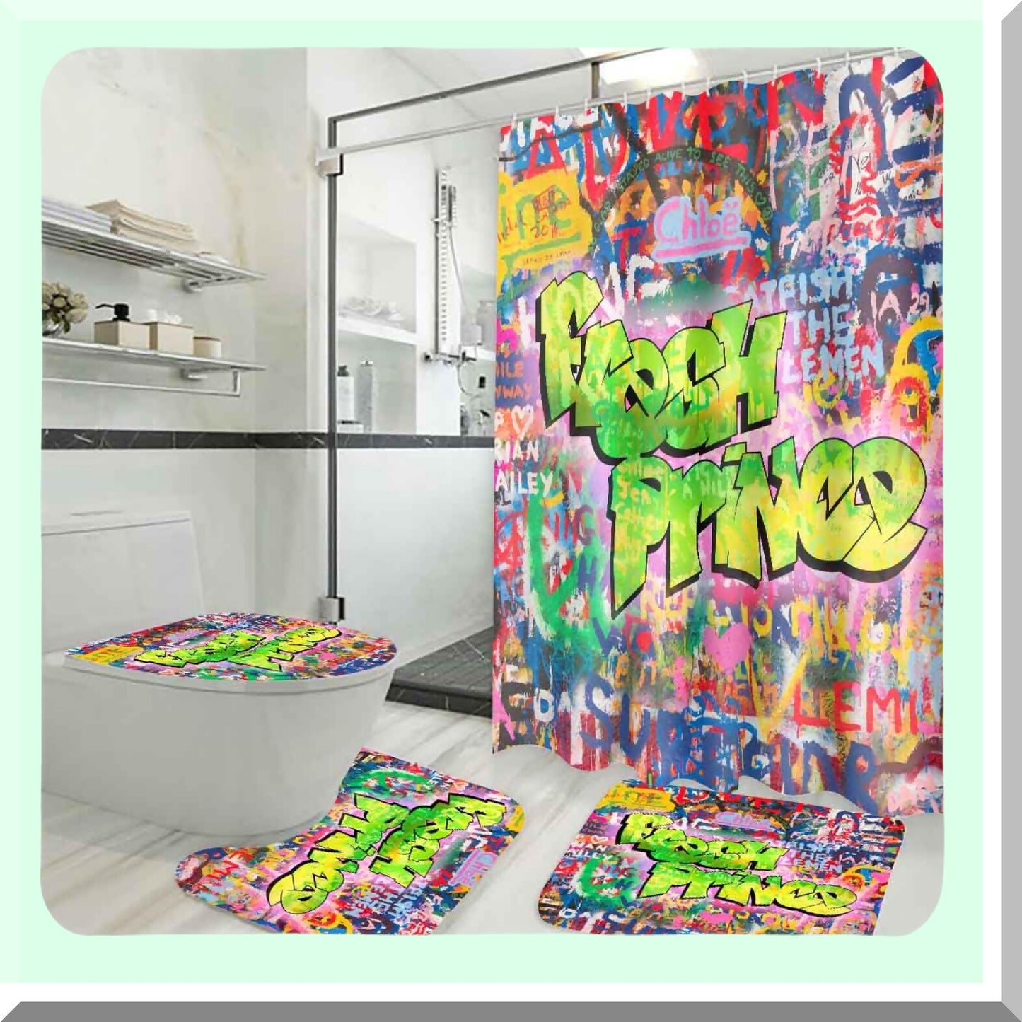 Colorful Graffiti Bathroom Set with Shower Curtain and Rug