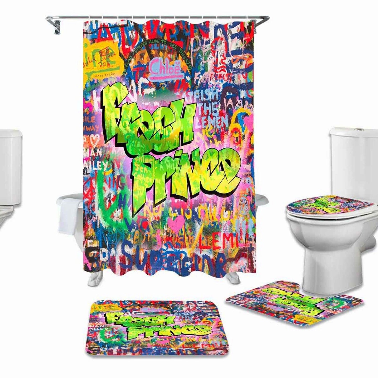 Colorful Graffiti Bathroom Set with Shower Curtain and Rug