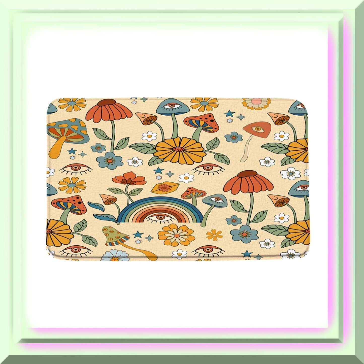 Retro Boho Mushroom Bathroom Rug 60s 70s Floral Microfiber