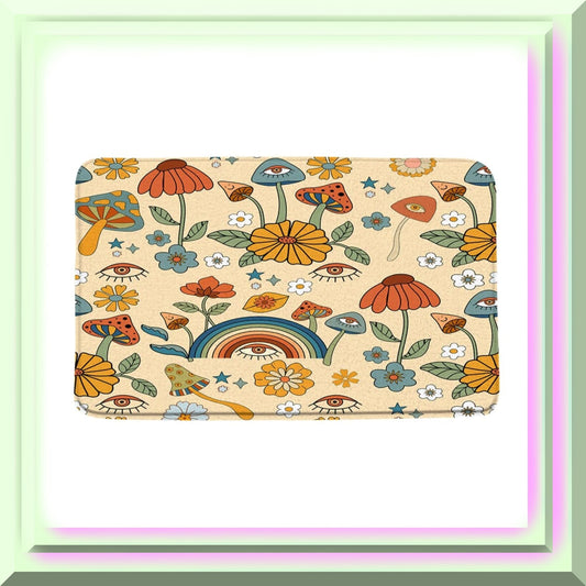 Retro Boho Mushroom Bathroom Rug 60s 70s Floral Microfiber